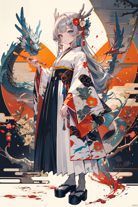 (masterpiece:1.2),best quality,PIXIV,dragon girl, 1girl, solo, paintbrush, ink, flower, hair ornament, hair flower, japanese clothes, looking at viewer, holding, branch, red flower, grey hair, kimono, standing, blue eyes, full body, bangs, holding paintbrush, long sleeves, floral print, white background, dragon, hakama, grey eyes, calligraphy brush, long hair, closed mouth, skirt, hakama skirt, simple background, blood, holding brush
