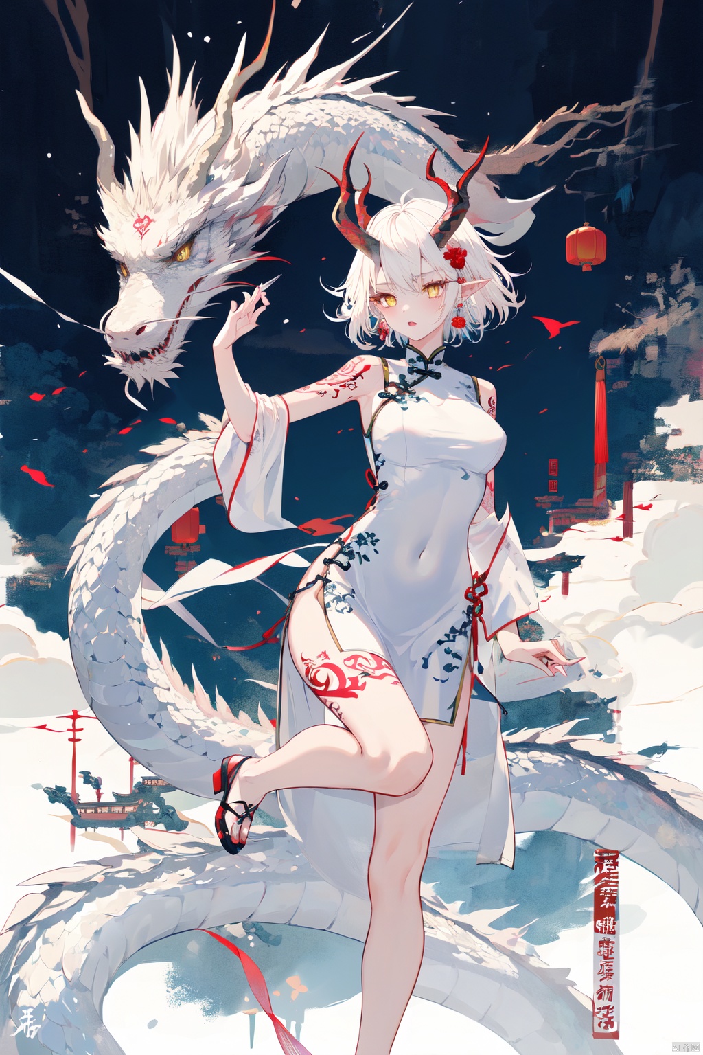 Dragon and girl, 1girl, horns, dress, pointy ears, yellow eyes, earrings, jewelry, breasts, tattoo, chinese clothes, white dress, dragon, arm tattoo, china dress, solo, white hair, leg tattoo, medium breasts, multicolored hair, covered navel, eastern dragon, short hair, medium hair, bare shoulders