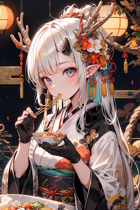 dragon girl, 1girl, solo, hair ornament, flower, chopsticks, food, hair flower, holding, pointy ears, gloves, long hair, jewelry, holding chopsticks, eating, white flower, blue eyes, black gloves, bowl, kimono, japanese clothes, looking at viewer, upper body, blush, earrings, holding bowl, noodles, fur trim, bangs, antlers, multicolored hair, sash, long sleeves, mochi, horns, new year, wide sleeves, obi