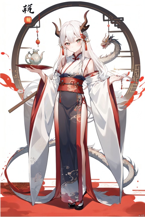 dragon girl,eastern dragon,1girl,dragon,hanfu,long hair,wide sleeves,white hair,long sleeves,chinese clothes,sash,sparkle,scales,standing,bangs,closed mouth,hair ornament,full body,solo,looking at viewer,horns,shawl,dress,hagoromo, Apricot eye