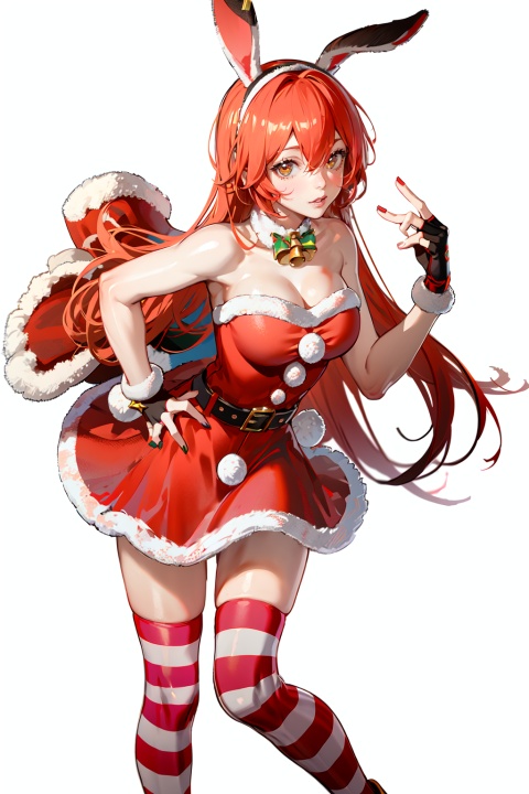  (8k, RAW photo, best quality, masterpiece:1.2),hatching (texture),skin gloss,light persona,(high detailed skin),glossy skin,1girl,solo,very long hair,rabbit ears,animal ears,bare shoulders,belt,christmas,red dress,fingerless gloves,santa costume,striped thighhighs,xwhd,looking atviewer, first love