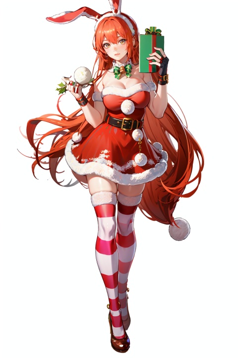  8k, RAW photo, best quality, masterpiece:1.2),hatching (texture),skin gloss,light persona, (high detailed skin),glossy skin, 1girl,solo,very long hair,rabbit ears,animal ears,bare shoulders,belt,christmas,red dress,fingerless gloves,santa costume,striped thighhighs,full_body, xwhd,looking at viewer,