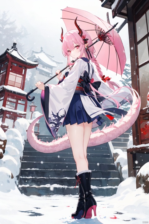  -dragon girl, 1girl, oil-paper umbrella, solo, umbrella, dragon tail, long hair, horns, tail, pink hair, braid, boots, dragon girl, dragon horns, looking at viewer, snow, architecture, standing, looking back, east asian architecture, ribbon, japanese clothes, outdoors, wide sleeves, red eyes, long sleeves, black footwear, full body, scales, bangs, high heels, high heel boots, hair ribbon, holding umbrella, from behind, skirt, black ribbon, stairs, snowing, Apricot eye