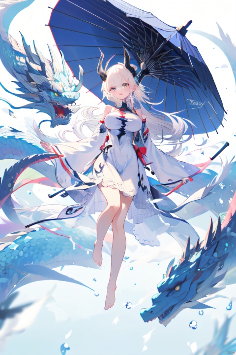  Dragon and girl,1girl,umbrella,holding umbrella,breasts,holding,long hair,barefoot,solo,bare shoulders,white hair,monster,oil-paper umbrella,glowing,floating,long sleeves,large breasts,dress,looking at viewer,bangs,wide sleeves,white dress, Apricot eye