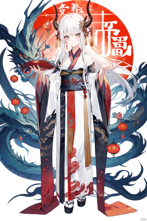 -dragon girl, eastern dragon, 1girl, dragon, hanfu, long hair, wide sleeves, white hair, long sleeves, chinese clothes, sash, sparkle, scales, standing, bangs, closed mouth, hair ornament, full body, solo, looking at viewer, horns, shawl, dress, hagoromo, Apricot eye