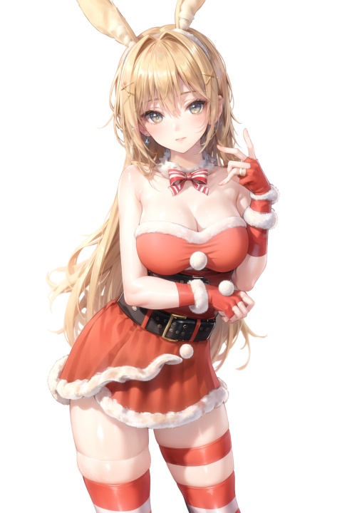  (8k, RAW photo, best quality, masterpiece:1.2),hatching (texture),skin gloss,light persona, (high detailed skin),glossy skin, 1girl,solo,very long hair,rabbit ears,animal ears,bare shoulders,belt,christmas,red dress,fingerless gloves,santa costume,striped thighhighs, xwhd,looking at viewer,