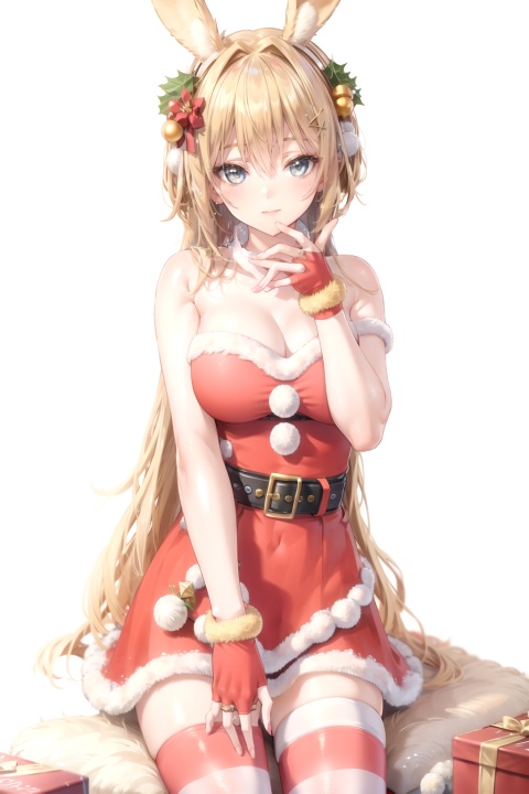  (8k, RAW photo, best quality, masterpiece:1.2),hatching (texture),skin gloss,light persona, (high detailed skin),glossy skin, 1girl,solo,very long hair,rabbit ears,animal ears,bare shoulders,belt,christmas,red dress,fingerless gloves,santa costume,striped thighhighs, xwhd,looking at viewer,, SpiderApple
