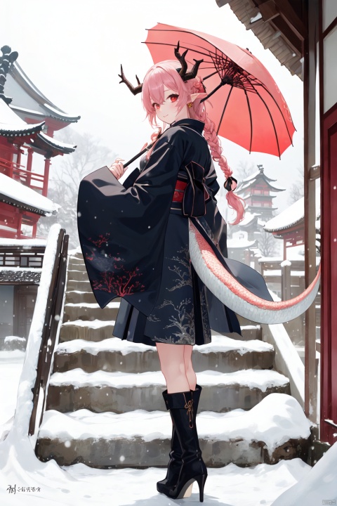  -dragon girl, 1girl, oil-paper umbrella, solo, umbrella, dragon tail, long hair, horns, tail, pink hair, braid, boots, dragon girl, dragon horns, looking at viewer, snow, architecture, standing, looking back, east asian architecture, ribbon, japanese clothes, outdoors, wide sleeves, red eyes, long sleeves, black footwear, full body, scales, bangs, high heels, high heel boots, hair ribbon, holding umbrella, from behind, skirt, black ribbon, stairs, snowing