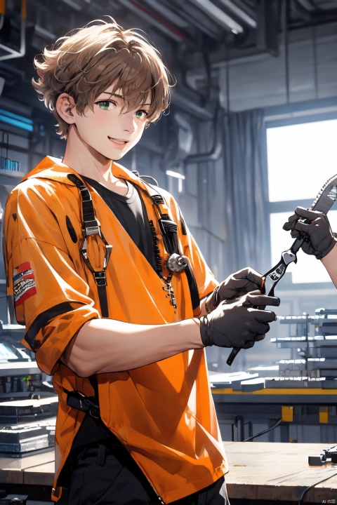  (upper body:1.2),(masterpiece:1,2),best quality,best quality,masterpiece,(solo:1.25),(1 boy:1.5),Mature male,Sunny boy,happy,Short curly orange hair,green eyes,workwear,Transparent clothes,engineer,Tooling,engineer,wrench,pliers,mechanical table,future,science fiction,white background, Cyberworld