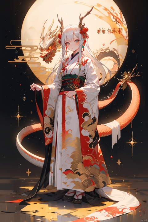dragon girl,eastern dragon,1girl,dragon,hanfu,long hair,wide sleeves,white hair,long sleeves,chinese clothes,sash,sparkle,scales,standing,bangs,closed mouth,hair ornament,full body,solo,looking at viewer,horns,shawl,dress,hagoromo,