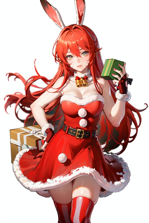  (8k, RAW photo, best quality, masterpiece:1.2),hatching (texture),skin gloss,light persona, (high detailed skin),glossy skin, 1girl,solo,very long hair,rabbit ears,animal ears,bare shoulders,belt,christmas,red dress,fingerless gloves,santa costume,striped thighhighs, xwhd,looking at viewer,,