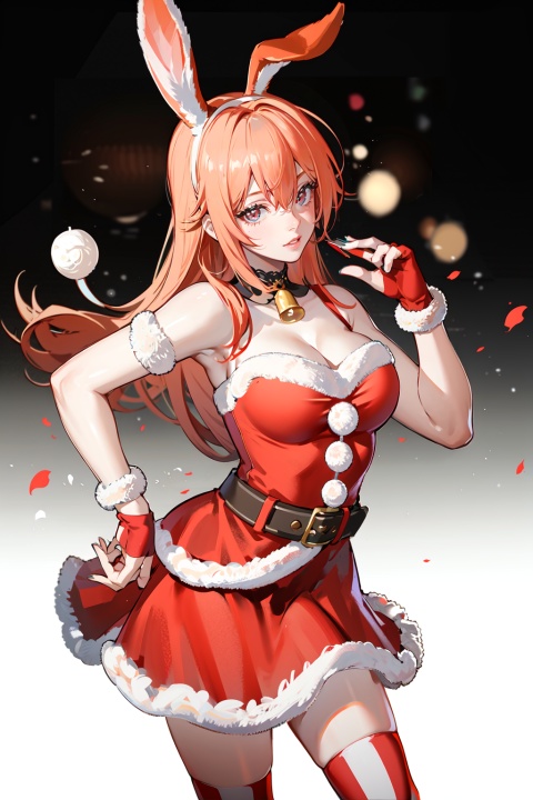  (8k, RAW photo, best quality, masterpiece:1.2),hatching (texture),skin gloss,light persona, (high detailed skin),glossy skin, 1girl,solo,very long hair,rabbit ears,animal ears,bare shoulders,belt,christmas,red dress,fingerless gloves,santa costume,striped thighhighs, xwhd,looking at viewer,, SpiderApple