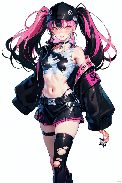  (masterpiece:1.2),best quality,PIXIV,zoe（Palworld),1girl,solo,jacket,pink hair,skirt,black footwear,black jacket,twintails,torn clothes,multicolored hair,hat,socks,single thighhigh,crop top,pink eyes,full body,boots,long hair,white background,midriff,black headwear,black hair,jewelry,thighhighs,breasts,black nails,black skirt,single sock,cropped jacket,open jacket,thigh strap,baseball cap,choker,standing,belt,looking at viewer,bandaid,shirt,asymmetrical legwear,ring,bangs,armband,skull print,open clothes,black choker,simple background,uneven legwear,two-tone hair,medium breasts,long sleeves,platform boots,miniskirt,