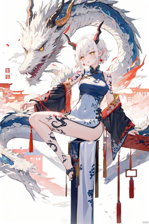 Dragon and girl, 1girl, horns, dress, pointy ears, yellow eyes, earrings, jewelry, breasts, tattoo, chinese clothes, white dress, dragon, arm tattoo, china dress, solo, white hair, leg tattoo, medium breasts, multicolored hair, covered navel, eastern dragon, short hair, medium hair, bare shoulders