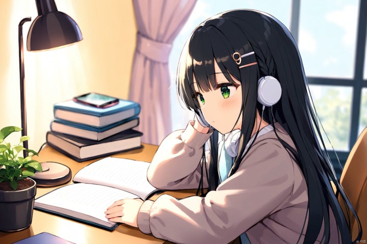 (masterpiece),(best quality),solo,loli,1girl,black hair,solo,long hair,window,indoors,cup,hair ornament,phone,book,plant,lamp,hairclip,blush,blurry foreground,curtains,long sleeves,green eyes,cellphone,sitting,stuffed toy,mug,bookshelf,stuffed animal,bangs,potted plant,smartphone,table,twitter username,desk lamp,desk,blurry,shelf,earphones,jacket,depth of field,chair,(masterpiece),