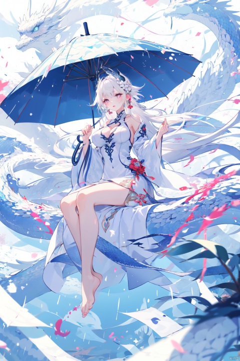  Dragon and girl,1girl,umbrella,holding umbrella,breasts,holding,long hair,barefoot,solo,bare shoulders,white hair,monster,oil-paper umbrella,glowing,floating,long sleeves,large breasts,dress,looking at viewer,bangs,wide sleeves,white dress,