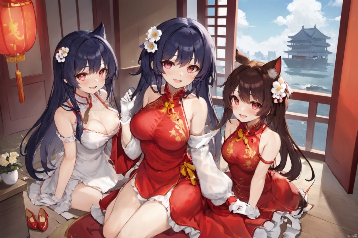  Spring Festival
long hair, breasts, looking at viewer, blush, smile, open mouth, bangs, multiple girls, large breasts, black hair, hair ornament, thighhighs, gloves, dress, ribbon, holding, animal ears, cleavage, bare shoulders, brown eyes, sitting, very long hair, underwear, panties, ponytail, ass, flower, pantyhose, shoes, black gloves, indoors, white gloves, hair flower, 3girls, mole, high heels, clothing cutout, mole under eye, window, blue dress, swept bangs, chinese clothes, red dress, crossed legs, red footwear, china dress, hand fan, hair flaps, extra ears, pink flower, thighband pantyhose, folding fan, branch, holding fan, shoe dangle, manjuu \(azur lane\), atago \(azur lane\), takao \(azur lane\)