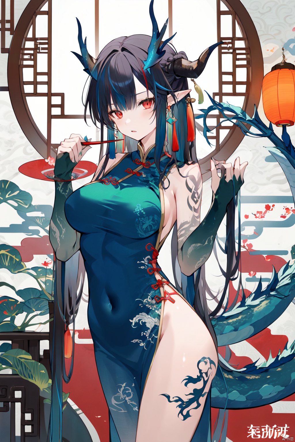(masterpiece:1.2),best quality,PIXIV,dragon girl,dusk \(arknights\),1girl,black hair,horns,dress,long hair,pointy ears,tail,breasts,red eyes,multicolored hair,official alternate costume,dragon horns,jewelry,streaked hair,earrings,holding,blue dress,dragon tail,sleeveless dress,sleeveless,colored skin,solo,tassel earrings,covered navel,china dress,large breasts,very long hair,arm tattoo,green skin,tattoo,chinese clothes,dragon girl,bare shoulders,bangs,cowboy shot,indoors,ink,tassel,hands up,green dress,beads, Apricot eye