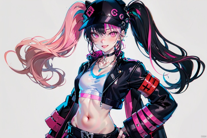  (masterpiece:1.2),best quality,PIXIV,1girl,solo,twintails,hat,jewelry,looking at viewer,purple eyes,crop top,black hair,multicolored hair,jacket,necklace,pink eyes,pink hair,bangs,long hair,smile,black jacket,