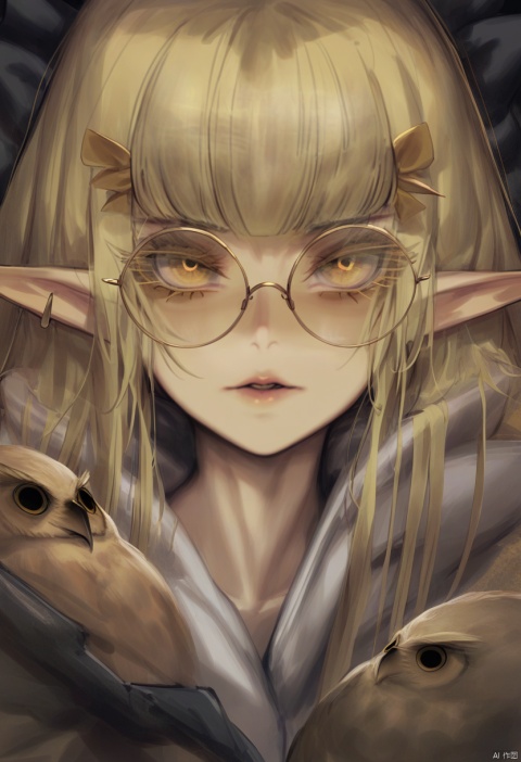  masterpiece, best quality,1girl, bird, yellow eyes, owl, pointy ears, long hair , parted lips, solo, blonde hair, hair bow, bangs, sunglasses, portrait, round eyewear, lips, black bow, blunt bangs, slit pupils, animal, eyelashes , 