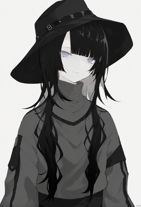  masterpiece, best quality, hat, solo, long hair, simple background, white background, light smile, monochrome, wavy hair, closed mouth, messy hair, greyscale, turtleneck sweater, turtleneck, one eye closed, open mouth, smile, head tilt, no headwear, shirt, looking at viewer, blunt bangs, ;d, upper body, straight-on, hair over one eye, low-tied sidelocks, cropped torso, sweater, half-closed eyes, long sleeves, jacket, alternate costume 