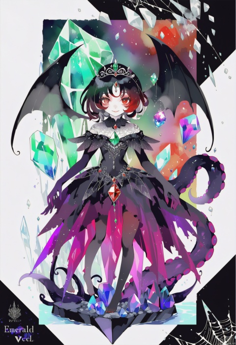  (flat color),colorful,(masterpiece:1.2),best quality,masterpiece,highres,original,extremely detailed 8k cg wallpaper,by mocha,white background,full body,petite,loli,lolita fashion,barefoot,evil smile,tarot,(solo:1.3),(Multicolored crystal Heteropupil eyes:1.15),[(full body):(Colorful Jewelry sculpture of human form) :0.3],((Transparent Multicolored Colorful Jewelry Upper body)),[silme Upper body:3|crystal((jewel, diamond, emerald, crystal, ))],(emerald dragon girl:1.08),monster girl,jelly girl,intricate detailed dress,corruption tattoo,[Cthulhu, demon girl, bat wings, scylla, terror, Terrible humanoid monster, giant tentacles, madness, jellyfish girl, jellyfish, spider_web, dark angel wings, dark feather,],magic,jewel,gemstone,pearl,diamond,crystal horn,tiara,flowers,(red eyes:1.2),short leg, watercolor
