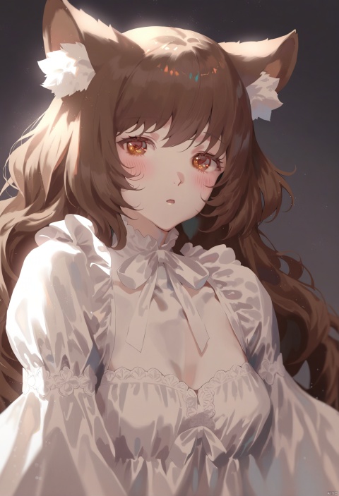  masterpiece, hyper detailed, best quality,(furry:1.3),1girl, solo, long hair, animal ears, looking at viewer, brown eyes, blush , brown hair, upper body, parted lips, bangs, ribbon , dress, white dress ,