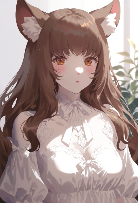 masterpiece, hyper detailed, best quality,(furry:1.3),1girl, solo, long hair, animal ears, looking at viewer, brown eyes, blush , brown hair, upper body, parted lips, bangs, ribbon , dress, white dress ,
