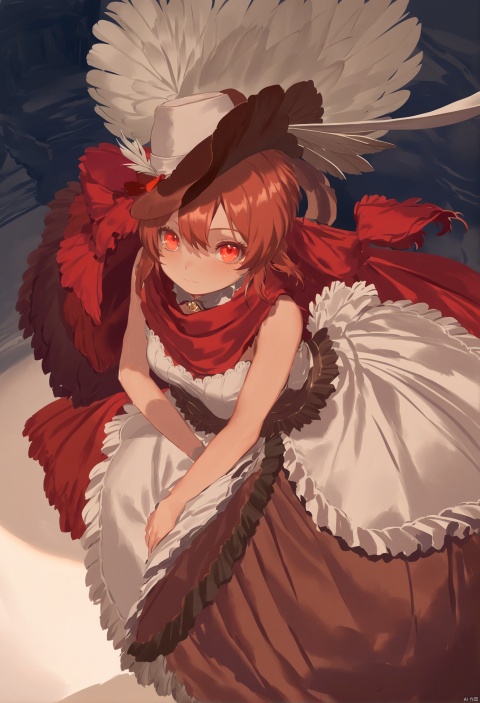  masterpiece, best quality,solo, masterpiece,best quality,1girl,red scarf,cowboy hat with feathers,red hair,red eyes,lolita dress,beautiful eyes ,Rabbit Hole, hat, hat feather