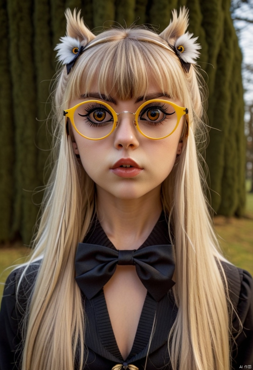  masterpiece, best quality,1girl, bird, yellow eyes, owl, pointy ears, long hair , parted lips, solo, blonde hair, hair bow, bangs, sunglasses, portrait, round eyewear, lips, black bow, blunt bangs, slit pupils, animal, eyelashes , 