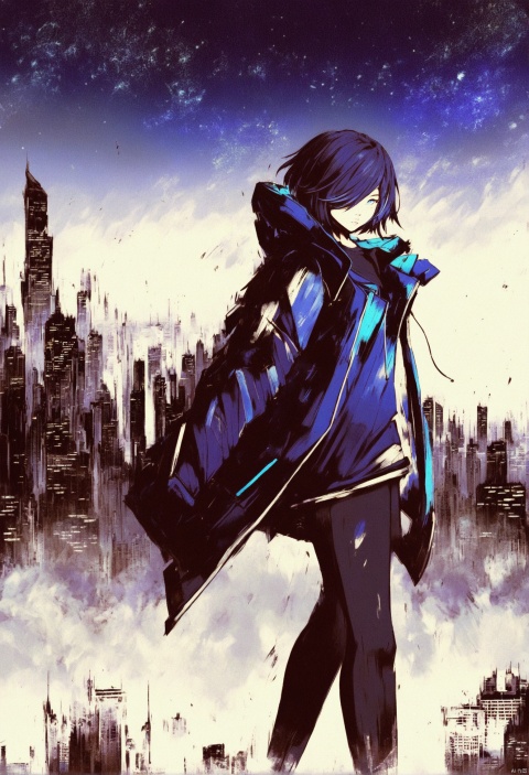  masterpiece, best quality,solo, 1girl, short hair, hair over one eye, blue eyes, hood, jacket, white background, full body, abstract ,scenery, cityscape, night, sky, city, building, city lights, night sky, dark, skyscraper, star (sky), outdoors, blue theme, starry sky, letterboxed 