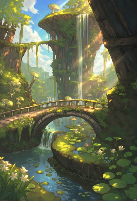  masterpiece, best quality, scenery, ruins, outdoors, overgrown, water, day, tree, nature, moss, sunlight, sky, forest, lily pad, light rays, sunbeam, post-apocalypse, bridge, artist logo, no humans, mushroom world, mushroom, forest, sign, diluc \(object\), mushroom house, scenery, reflection, cloud, waterfall, railing, lily pad on colored, blue sky