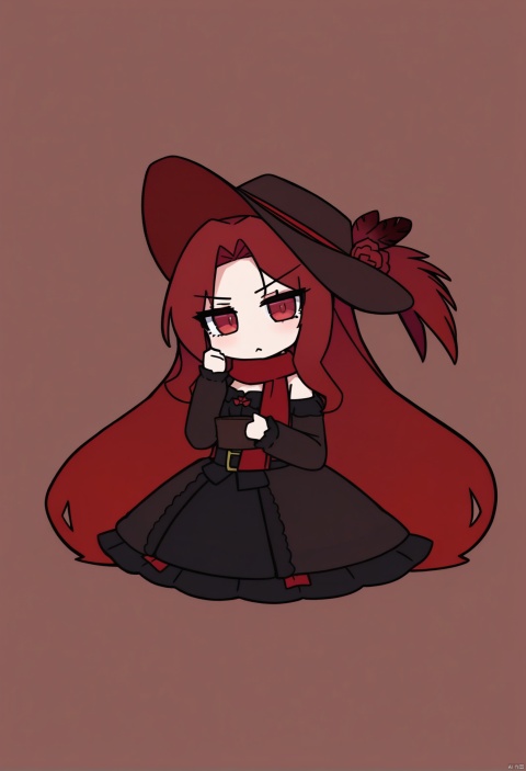  masterpiece, best quality,solo, masterpiece,best quality,1girl,red scarf,cowboy hat with feathers,red hair,red eyes,lolita dress,beautiful eyes ,chibi