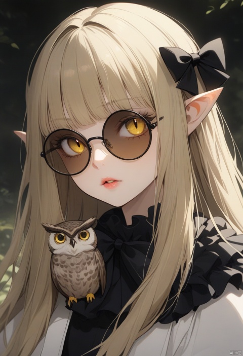  masterpiece, best quality,1girl, bird, yellow eyes, owl, pointy ears, long hair , parted lips, solo, blonde hair, hair bow, bangs, sunglasses, portrait, round eyewear, lips, black bow, blunt bangs, slit pupils, animal, eyelashes ,
