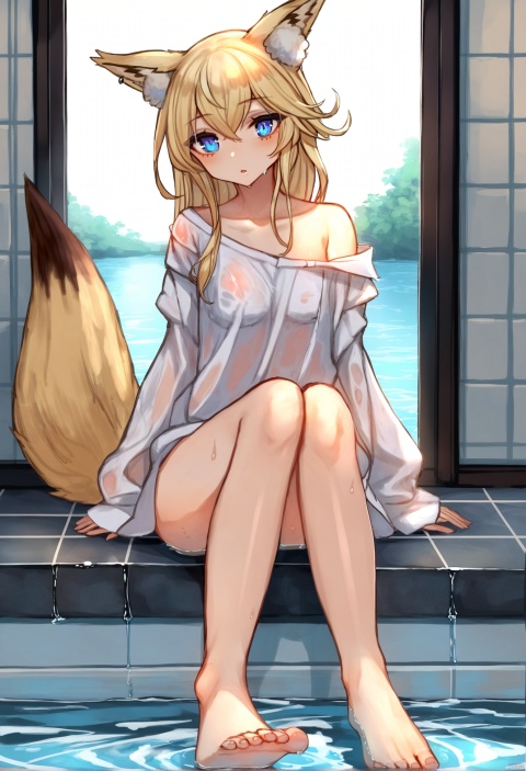  masterpiece, best quality, 1girl, 1011, solo, long hair, looking at viewer, blush, bangs, blue eyes, blonde hair, shirt, long sleeves, animal ears, hair between eyes, sitting, very long hair, tail, full body, parted lips, barefoot, indoors, water, off shoulder, :o, wet, animal ear fluff, sleeves past wrists, looking to the side, fox tail, soles, wet clothes, sleeves past fingers, tiles, wet shirt, tile floor, tile wall, shallow water