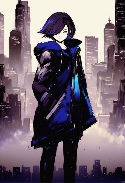  masterpiece, best quality,solo, 1girl, short hair, hair over one eye, blue eyes, hood, jacket, white background, full body, abstract ,scenery, cityscape, night, sky, city, building, city lights, night sky, dark, skyscraper, star (sky), outdoors, blue theme, starry sky, letterboxed 