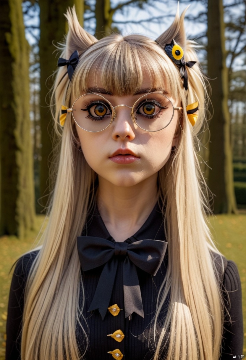  masterpiece, best quality,1girl, bird, yellow eyes, owl, pointy ears, long hair , parted lips, solo, blonde hair, hair bow, bangs, sunglasses, portrait, round eyewear, lips, black bow, blunt bangs, slit pupils, animal, eyelashes , 