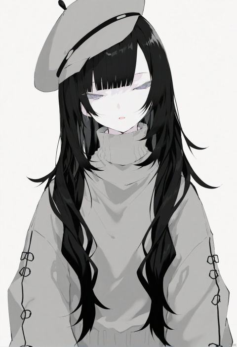  masterpiece, best quality, hat, solo, long hair, simple background, white background, light smile, monochrome, wavy hair, closed mouth, messy hair, greyscale, turtleneck sweater, turtleneck, one eye closed, open mouth, smile, head tilt, no headwear, shirt, looking at viewer, blunt bangs, ;d, upper body, straight-on, hair over one eye, low-tied sidelocks, cropped torso, sweater, half-closed eyes, long sleeves, jacket, alternate costume 