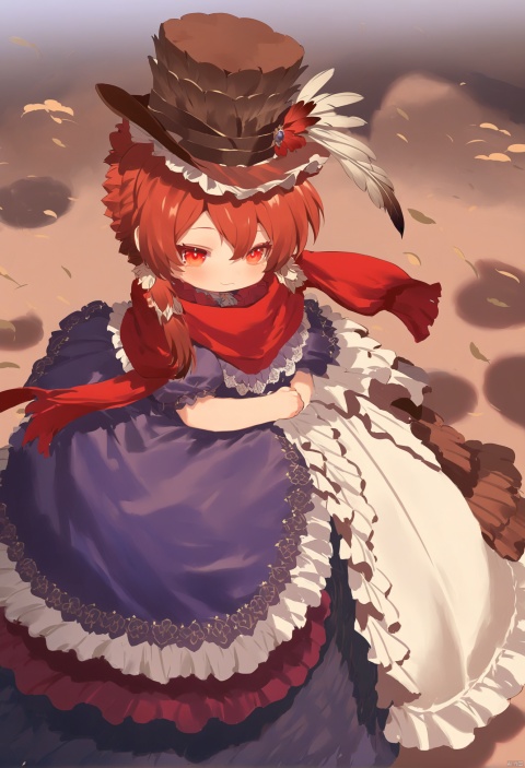  masterpiece, best quality,solo, masterpiece,best quality,1girl,red scarf,cowboy hat with feathers,red hair,red eyes,lolita dress,beautiful eyes ,chibi, Rabbit Hole, hat, hat feather