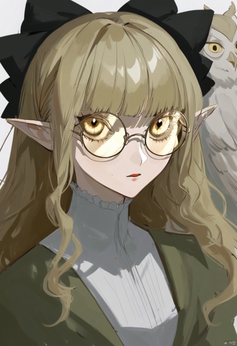 masterpiece, best quality,1girl, bird, yellow eyes, owl, pointy ears, long hair , parted lips, solo, blonde hair, hair bow, bangs, sunglasses, portrait, round eyewear, lips, black bow, blunt bangs, slit pupils, animal, eyelashes ,
