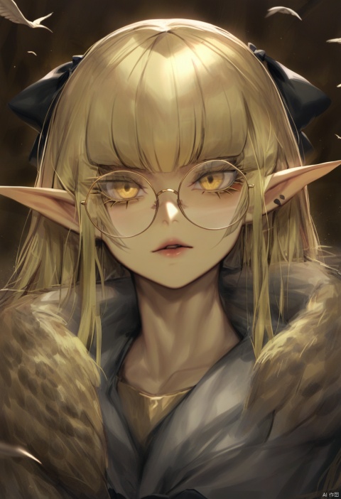 masterpiece, best quality,1girl, bird, yellow eyes, owl, pointy ears, long hair , parted lips, solo, blonde hair, hair bow, bangs, sunglasses, portrait, round eyewear, lips, black bow, blunt bangs, slit pupils, animal, eyelashes , 