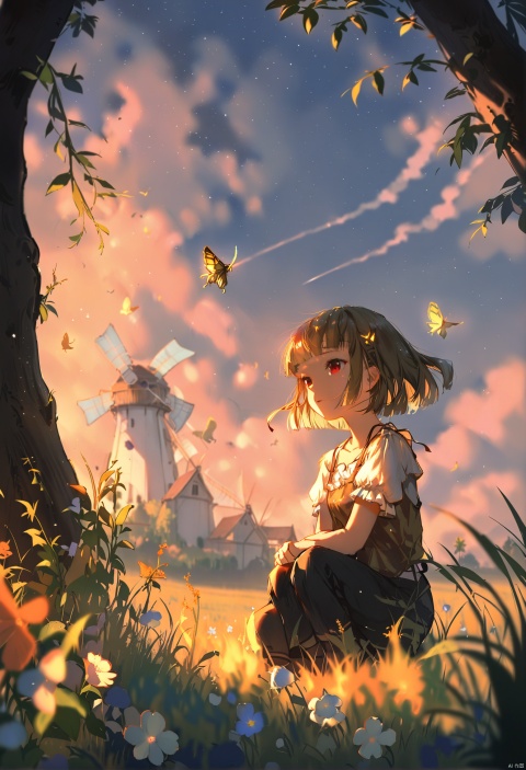  masterpiece, best quality,1girl, solo, scenery, (sky:1.1), star, (sky:1.1), outdoors, starry sky, night, tree, blurry foreground, bug, night sky, grass, blurry, cloud, plant, butterfly, depth of field, fantasy, flower, pants, red eyes, windmill, dress, nature, short sleeves, v arms, black sky, forest, child, short hair, shirt, blunt bangs, star \(sky\), grasslands 