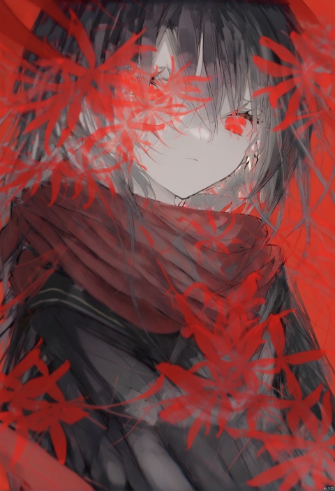  masterpiece, best quality, 1girl, tateyama ayano, solo, scarf, red scarf, red eyes, flower, spider lily, black hair, red theme, hair between eyes, school uniform, bangs, serafuku, red background, closed mouth, long hair, looking at viewer, enpera, red flower, expressionless, upper body 