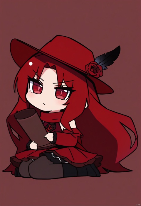  masterpiece, best quality,solo, masterpiece,best quality,1girl,red scarf,cowboy hat with feathers,red hair,red eyes,lolita dress,beautiful eyes ,chibi