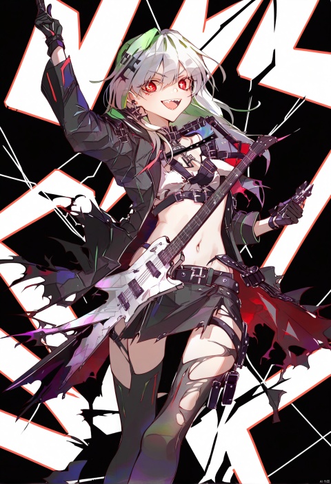  masterpiece, best quality,1girl, solo, instrument, thighhighs, belt, guitar, black footwear, gloves, black gloves, boots, long hair, pointing up, navel, coat, electric guitar, pointing, diffraction spikes, jewelry, arm up, belt buckle, black background, open coat, skirt, cross, buckle, open mouth, standing, x, pouch, teeth, necklace, black coat, torn clothes, white hair, open clothes, green hair, electricity, multicolored hair, black skirt, holding guitar, belt pouch, red eyes, upper teeth only, cross necklace, black hair, sunglasses, black thighhighs, iron cross, green trim, v-shaped eyes, torn thighhighs, midriff, smile, sharp teeth, amplifier, holding instrument, zettai ryouiki, holding 
