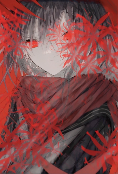  masterpiece, best quality, 1girl, tateyama ayano, solo, scarf, red scarf, red eyes, flower, spider lily, black hair, red theme, hair between eyes, school uniform, bangs, serafuku, red background, closed mouth, long hair, looking at viewer, enpera, red flower, expressionless, upper body 