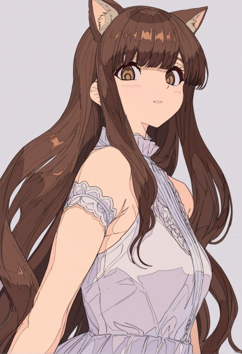  masterpiece, hyper detailed, best quality,1girl, solo, long hair, animal ears, looking at viewer, brown eyes, blush , brown hair, upper body, parted lips, bangs, ribbon , dress, white dress ,