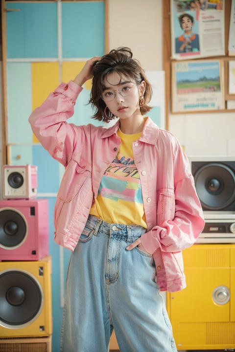  ((Masterpiece)), ((Best Quality)),80sDBA style, 1girl, solo, looking at viewer, short hair, brown hair, shirt, long sleeves, brown eyes, jewelry, standing, jacket, parted lips, open clothes, striped, pants, bracelet, torn clothes, feet out of frame, denim, instrument, eyewear on head, pink shirt, yellow shirt, jeans, blue pants, pink jacket, print shirt, torn pants, speaker, torn jeans