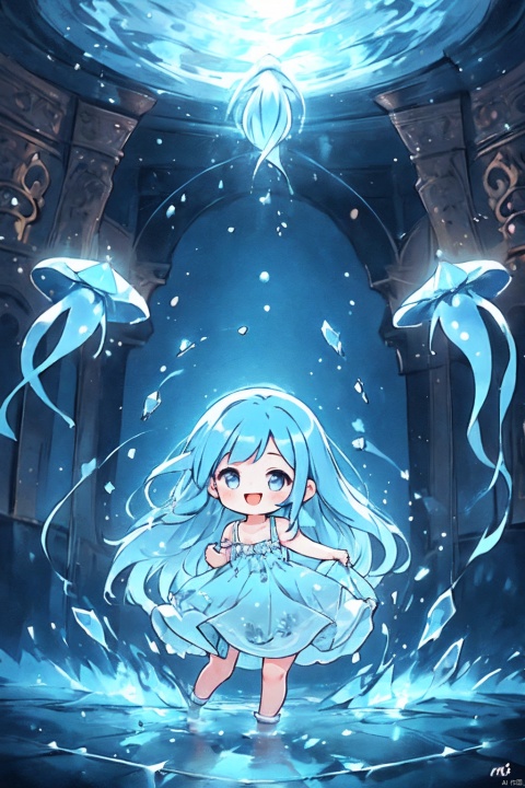  ((masterpiece)), 20-year-old girl, (knee shot), ((fantastic background)), in a panoramic view, Wearing a light blue dress, smile, long baby blue hair, There are several blue jellyfish around, Manhwa Style, Material de vidro, crystal material, extremely detaile, Cinematic lighting effects, tmasterpiece, offcial art, Dark Majic, 4K, aqueous media, 1girl,moyou