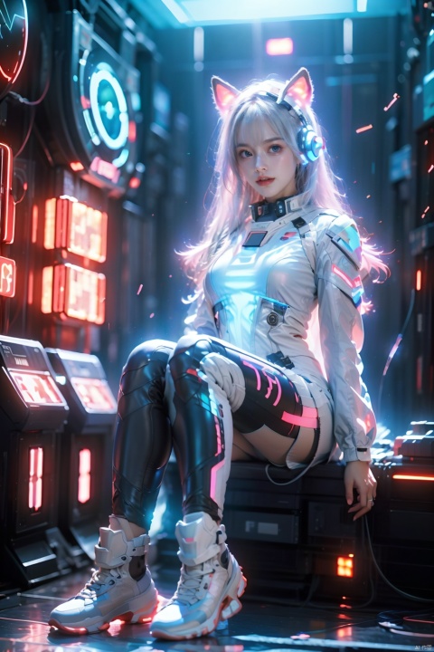  Optical particle,1girl,Future style gel coat,Future Combat Suit,animal ears,bodysuit,breasts,cat ear headphones,computer,hand on headphones,Glowing Clothing,Future Technology Space Station,full body,Sitting posture,Clothing with multiple light sources,headphones,headset,laptop,long hair,looking at viewer,motor vehicle,robot ears,science fiction,sitting,solo,Purple hair, glow, BY MOONCRYPTOWOW,(holographic projection), (cyberpunk style), (mechanical modular background), (Luminous circuit) (Flashing neon light) (Blue illuminated background) (Background blurring treatment), Light-electric style,shining,